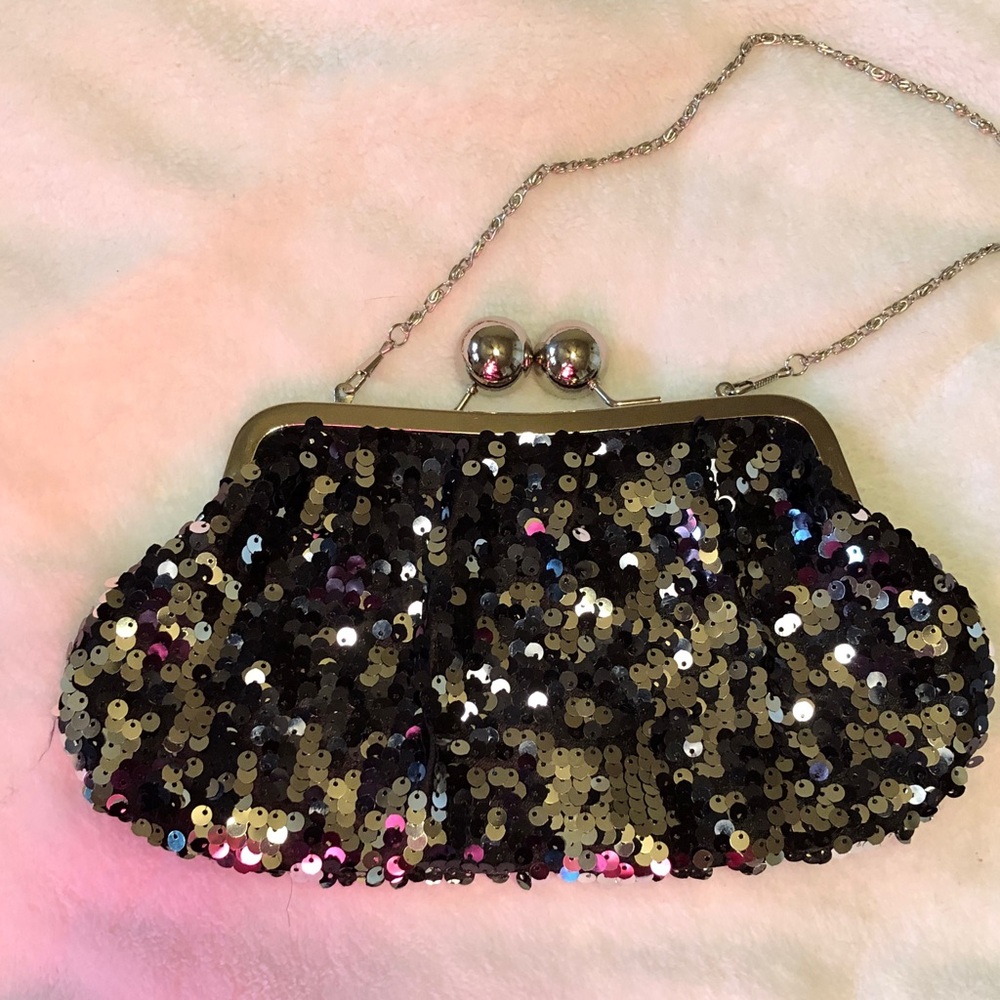Sequin Evening Clutch Bag - Black and Gold